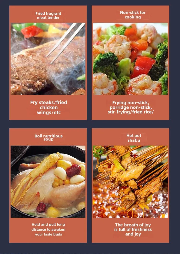Multi-cooker functions infographic: non-stick frying, soup pot, and steaming use