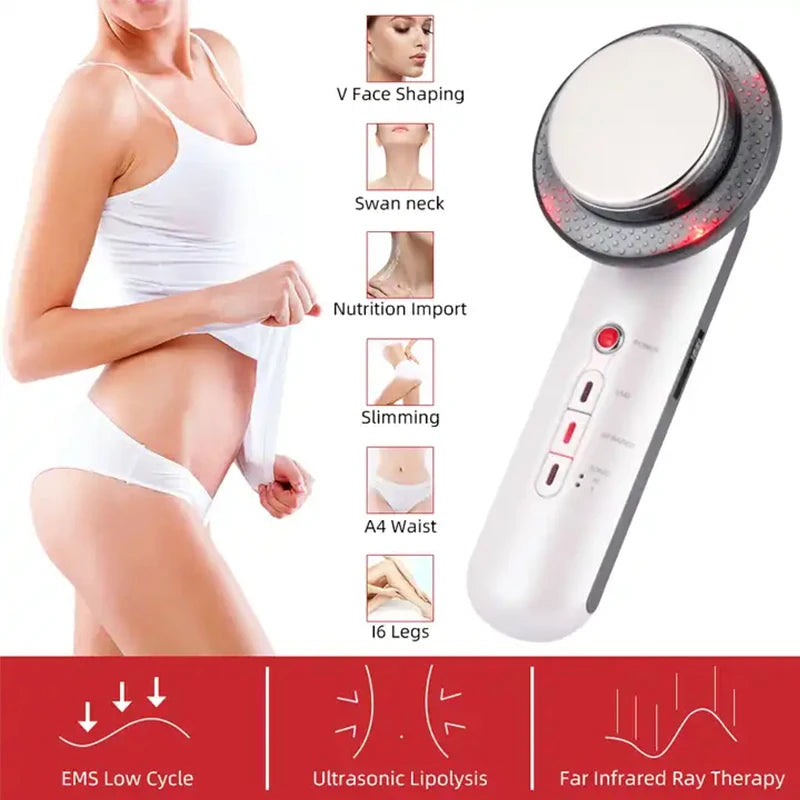 White handheld ultrasonic fat burner massager with metal probe, function buttons, and instructional body care diagrams.