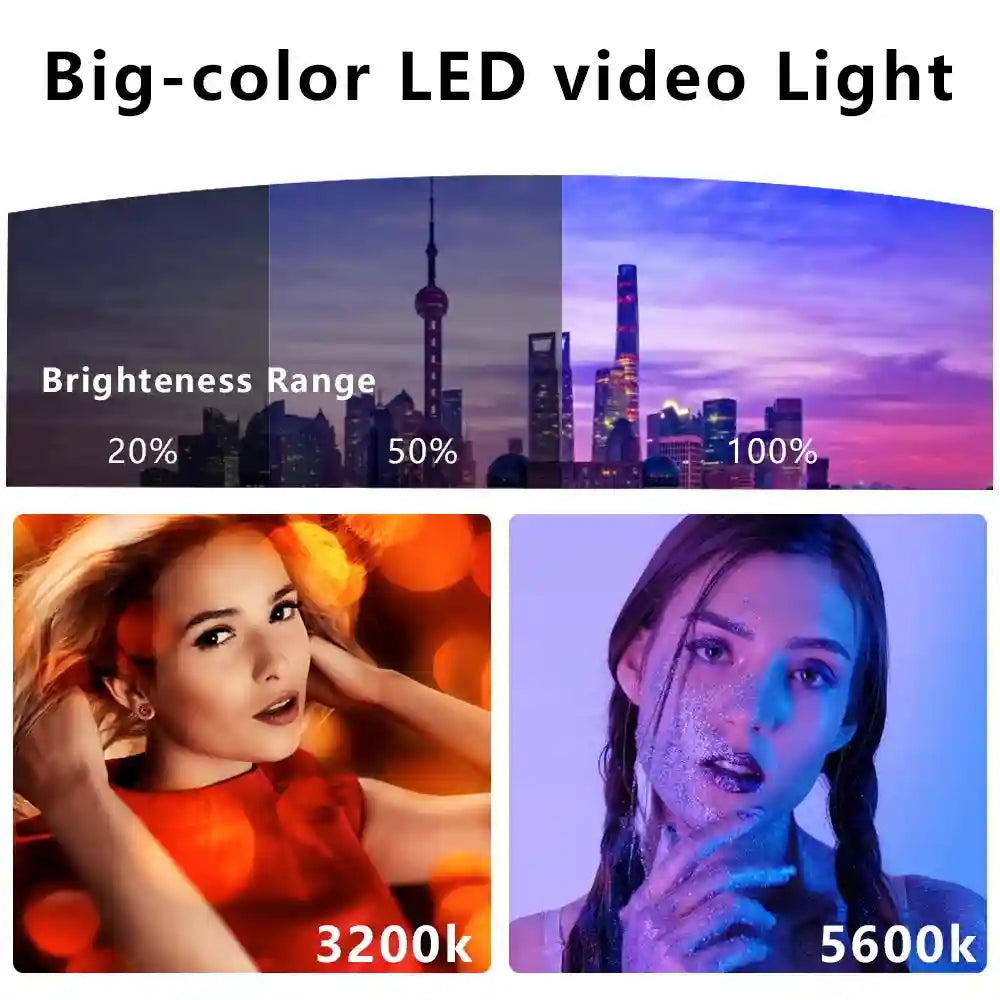 LED video light showing variable brightness and color temperature settings for portrait photography and videography.
