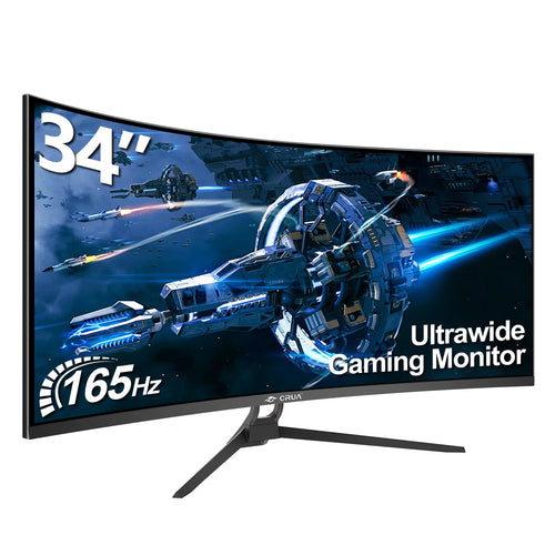 34-inch CRUA curved ultrawide gaming monitor with black thin-bezel design, space-themed display, and a tripod stand.