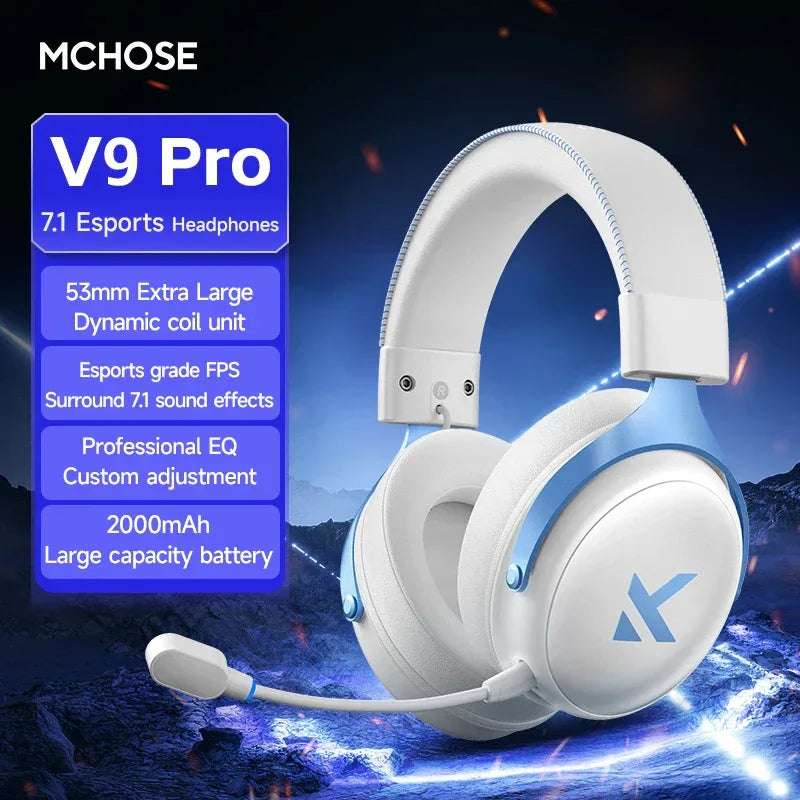 MCHOSE Wireless Gaming Headset Surround Sound Noise Canceling Tidesmit V9 Pro White Bule Tidesmit