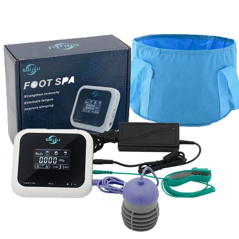 Ionic detox foot bath machine with touch display, basin, and ion array for home spa and fatigue relief.