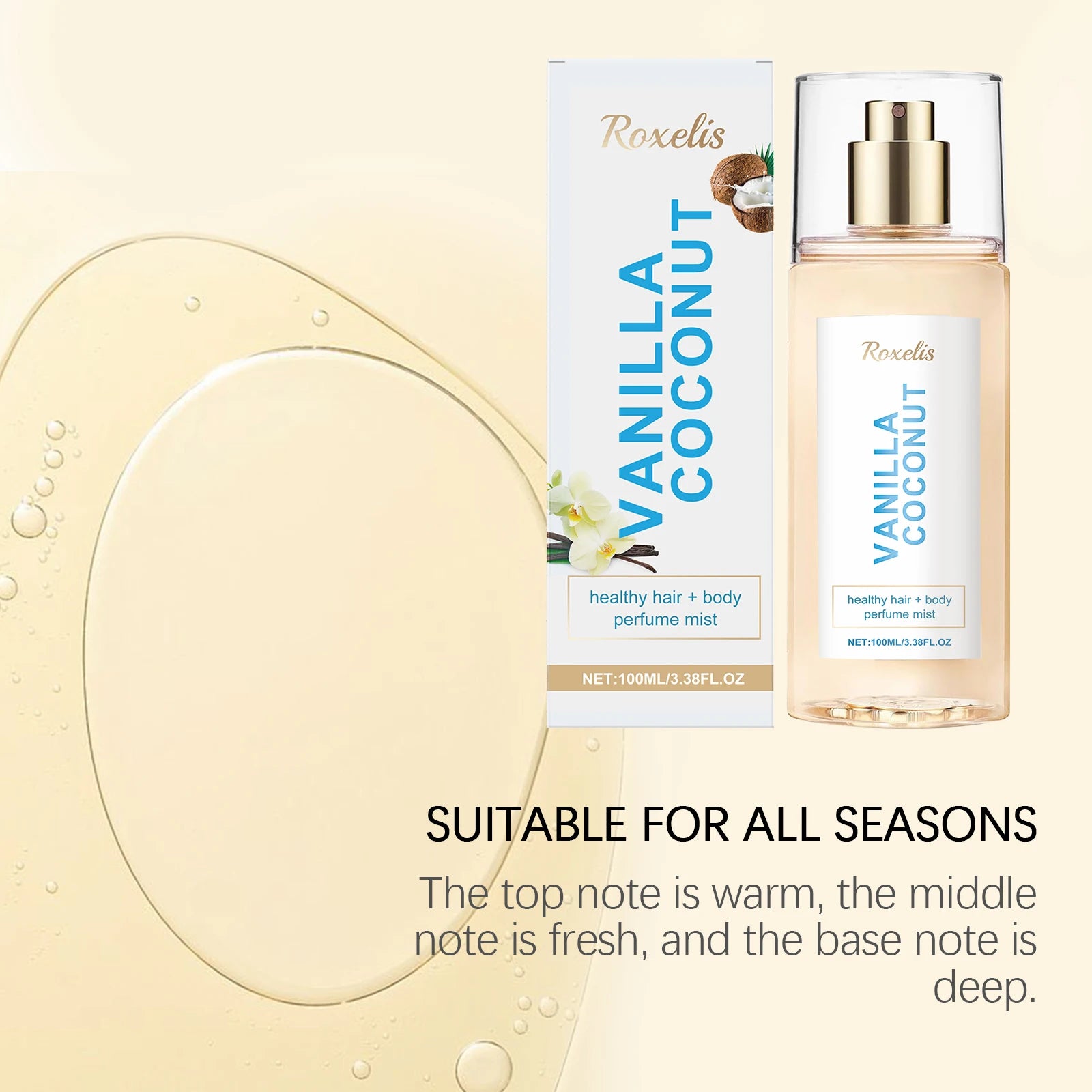 Roxelis Vanilla Coconut body mist: travel-friendly 100ml spray bottle with warm vanilla and fresh coconut fragrance.