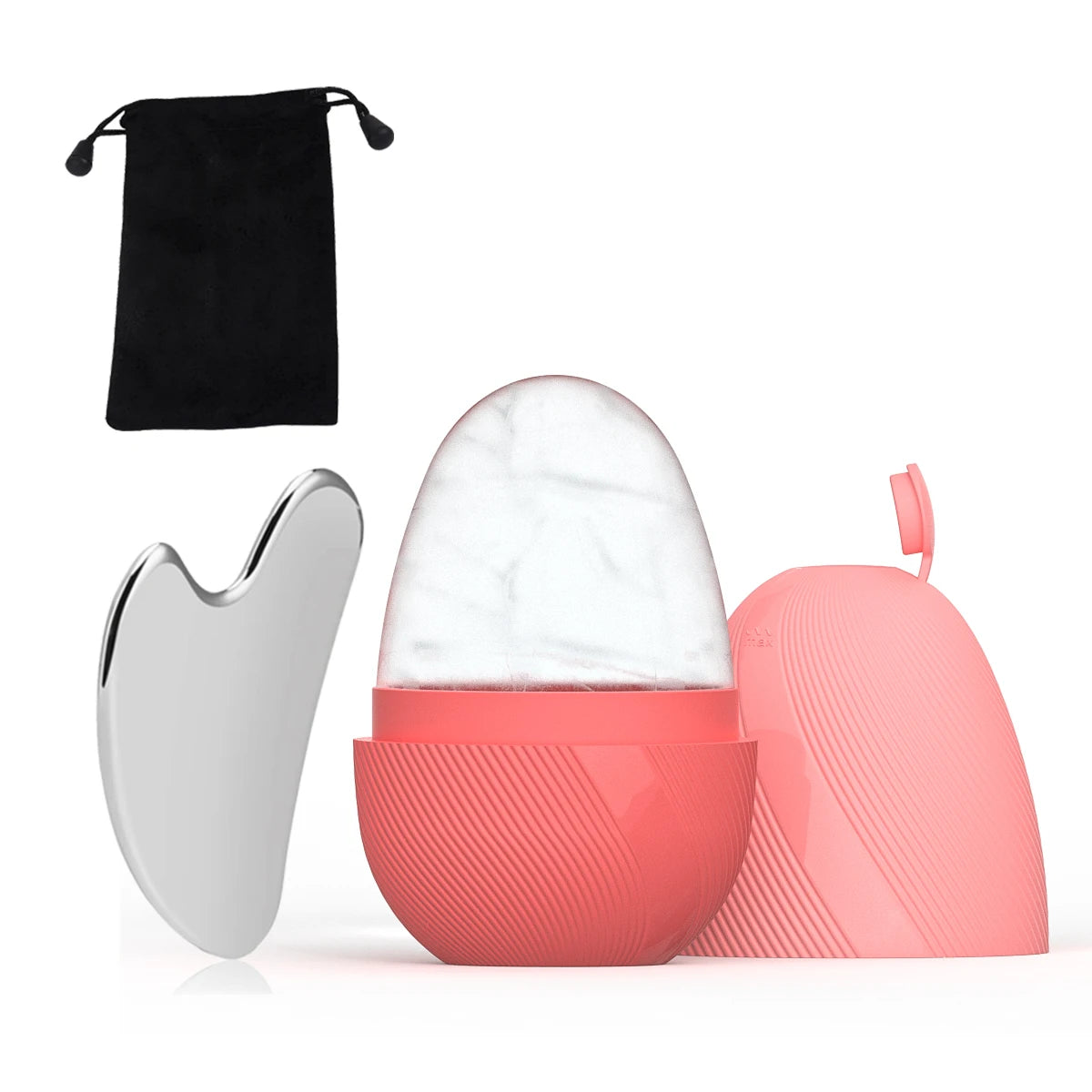 Pink egg-shaped ice roller, silver stainless steel gua sha tool, and a black drawstring storage pouch.
