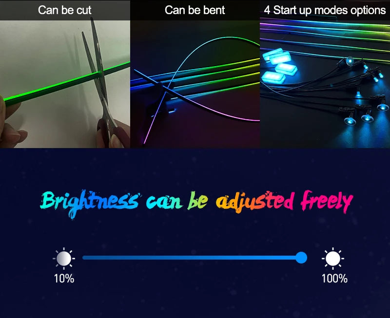Flexible LED ambient light strip that is cuttable, bendable, features four startup modes, and adjustable brightness.