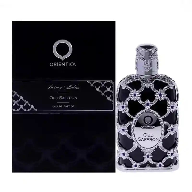 Oud Saffron Eau de Parfum in a black bottle with a decorative, ornate silver metal cage and matching black box.
