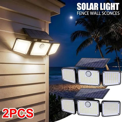2-piece 3-head solar wall flood lights with motion sensor and LED panels