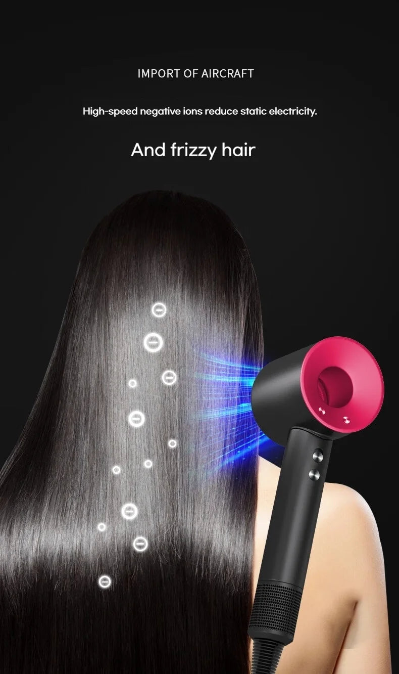 Black and pink high-speed negative ion hair dryer with brushless motor for fast, quiet, frizz-free hair drying.