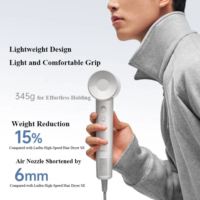 345g lightweight high-speed hair dryer with compact, ergonomic design and quiet, constant temperature drying technology.