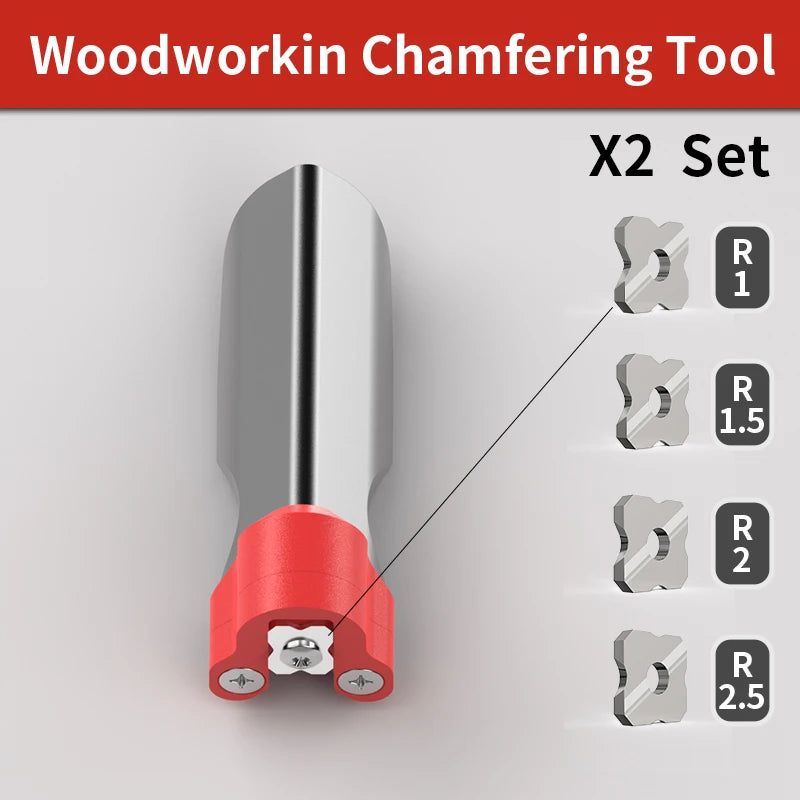 Wood chamfering edge trimming tool set with red handle and multiple R blades