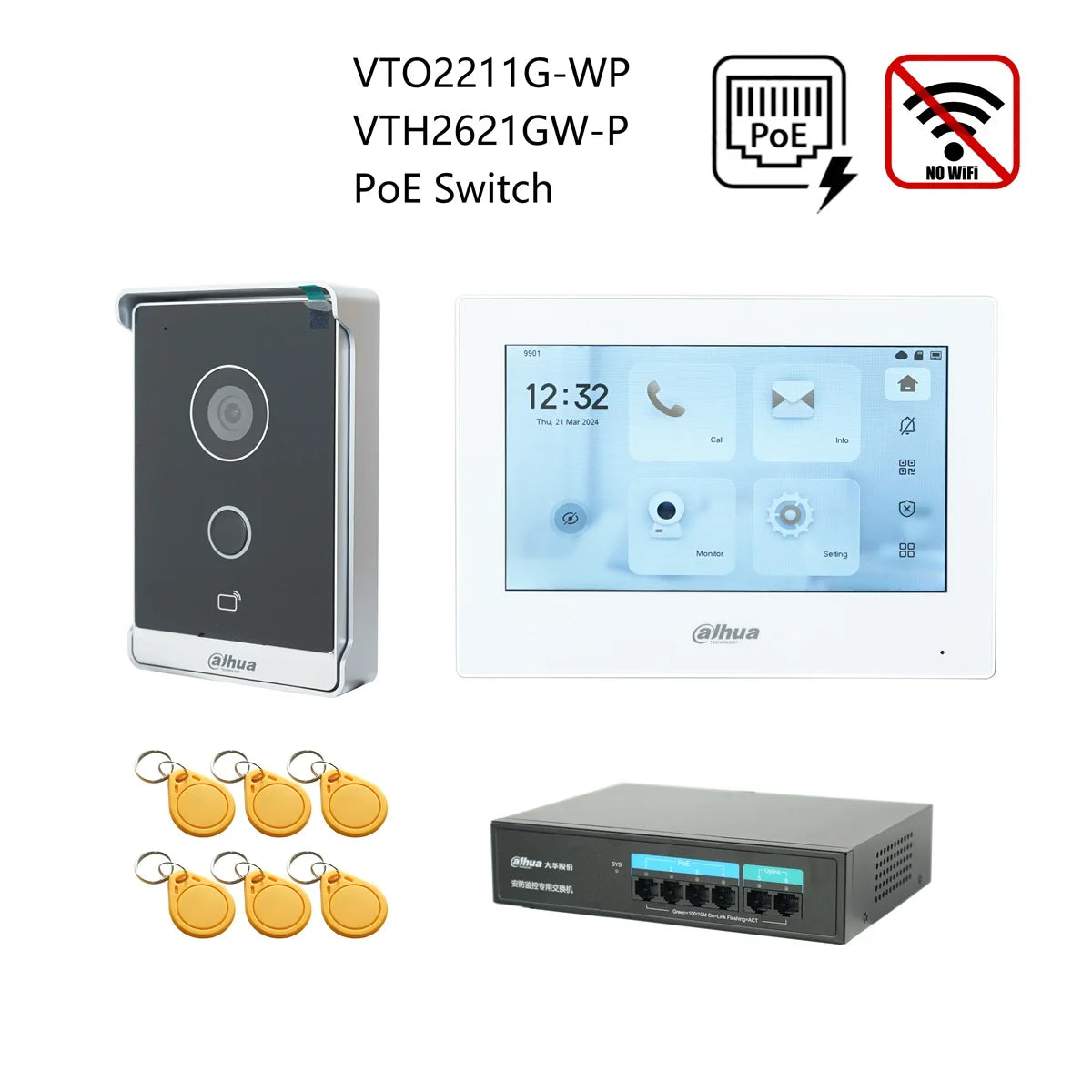 Video intercom kit with gray door station, indoor monitor, PoE switch, and RFID tags