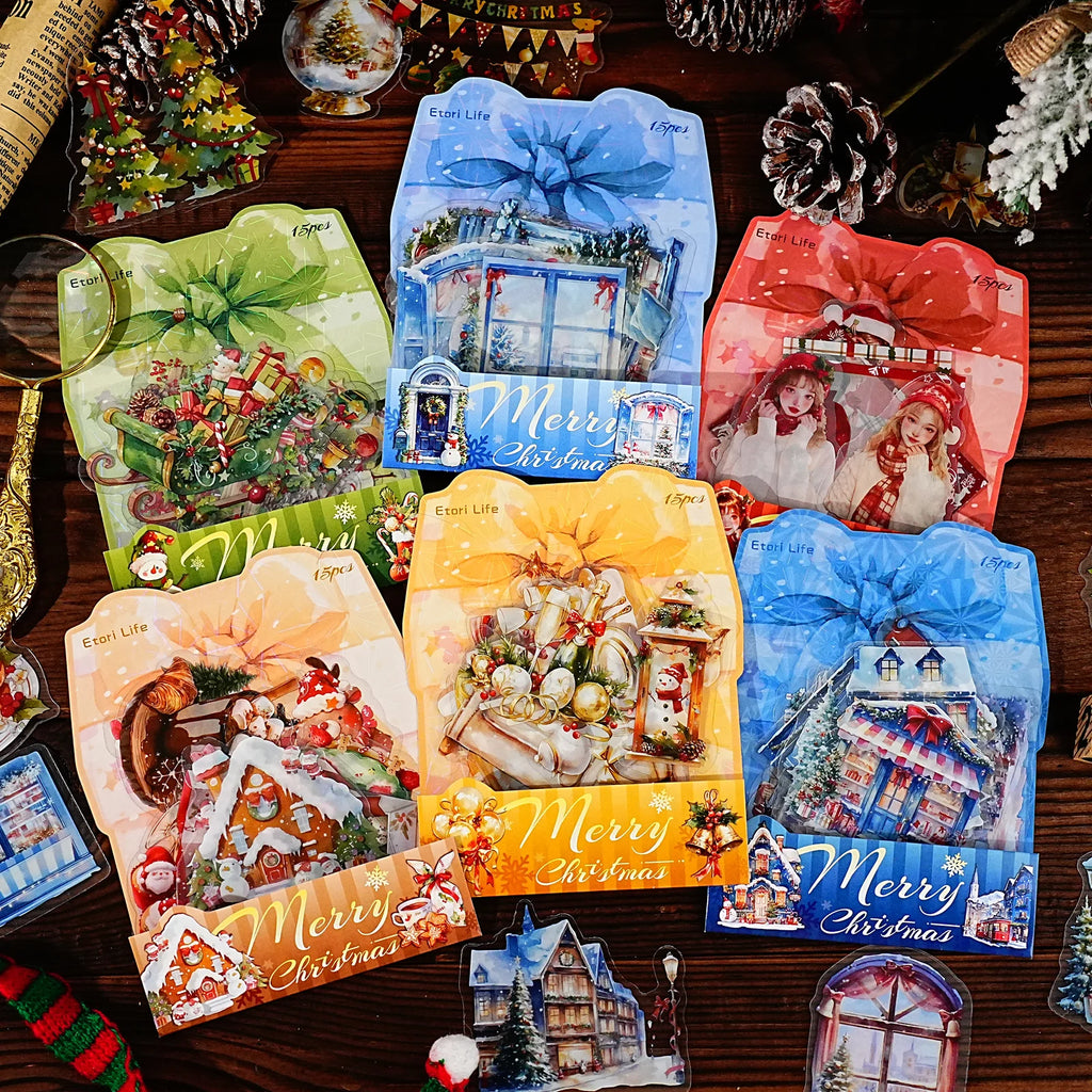 15 Sheets Christmas Theme PET Sticker Pack for Scrapbook DIY Photo Frame Collage Decor, Christmas Gift Decorative Stickers