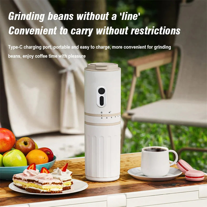 Portable white electric coffee bean grinder with Type-C charging, sleek cylinder design for outdoor travel use.