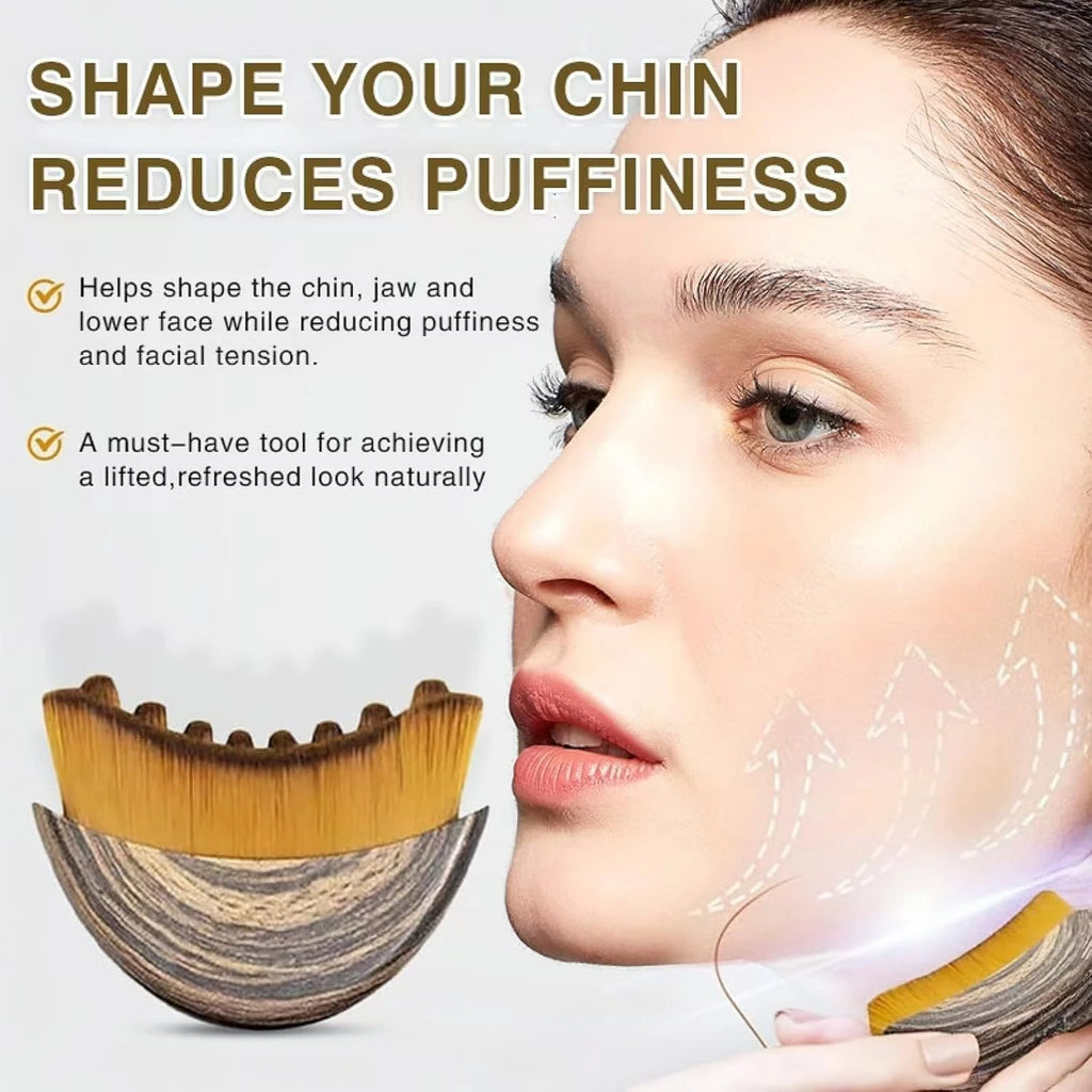 Curved face massage brush with brown wood-grain base and dense yellow bristles, used for chin and jawline contouring.