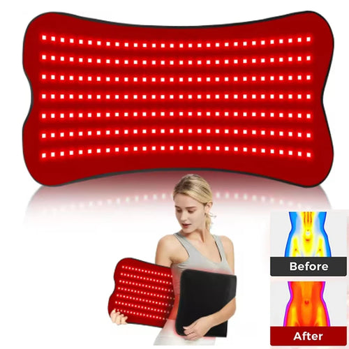 Flexible rectangular red light therapy device for wellness, featuring glowing LED panels for body pain relief.