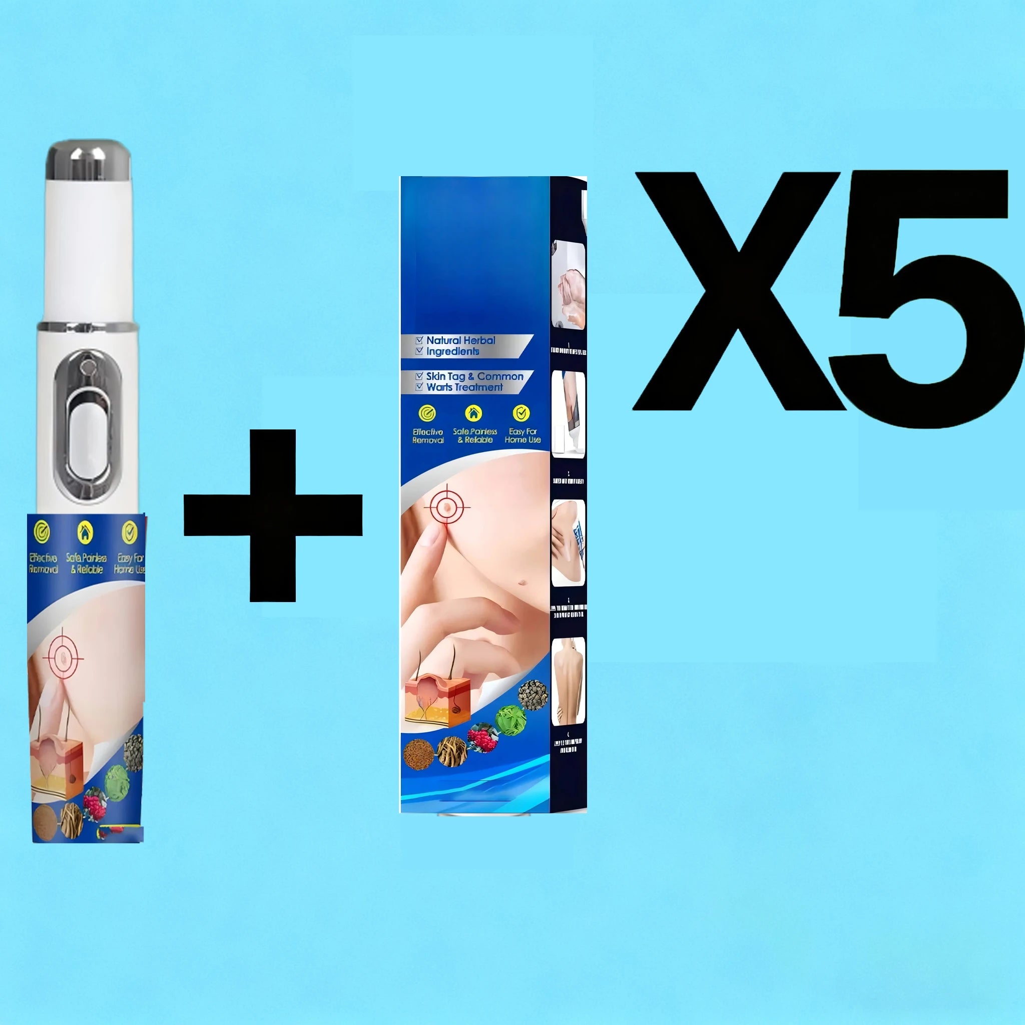Blue laser wart removal device for home use, portable handheld tool for skin tag and wart treatment, 5-pack set.