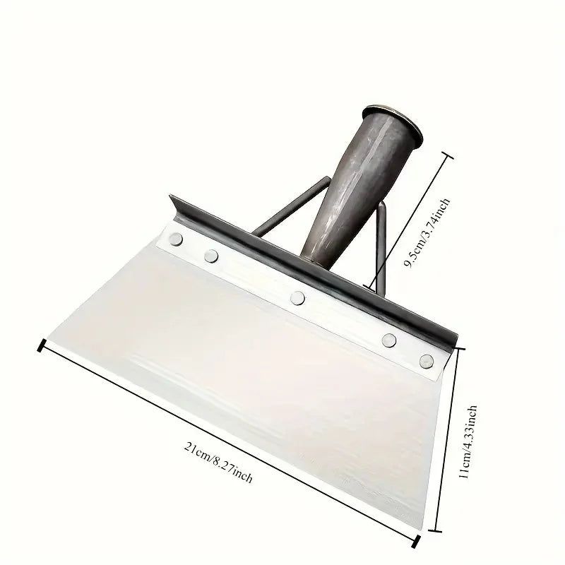 Metal weeding and edging shovel with silver blade and dark handle