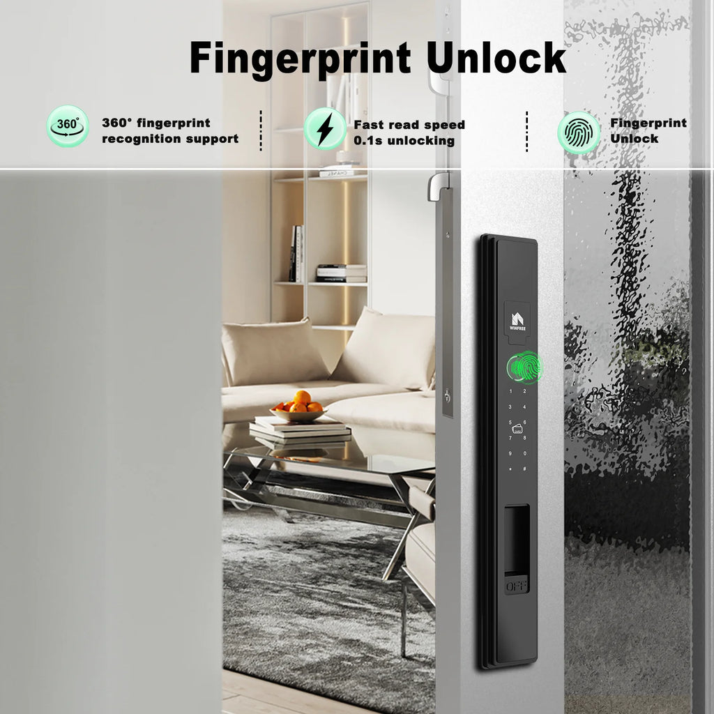 WINFREE Slim Swing or Sliding Door Smart Lock with Fingerprint Passcode Card Digital Tuya Bluetooth Smart Lock