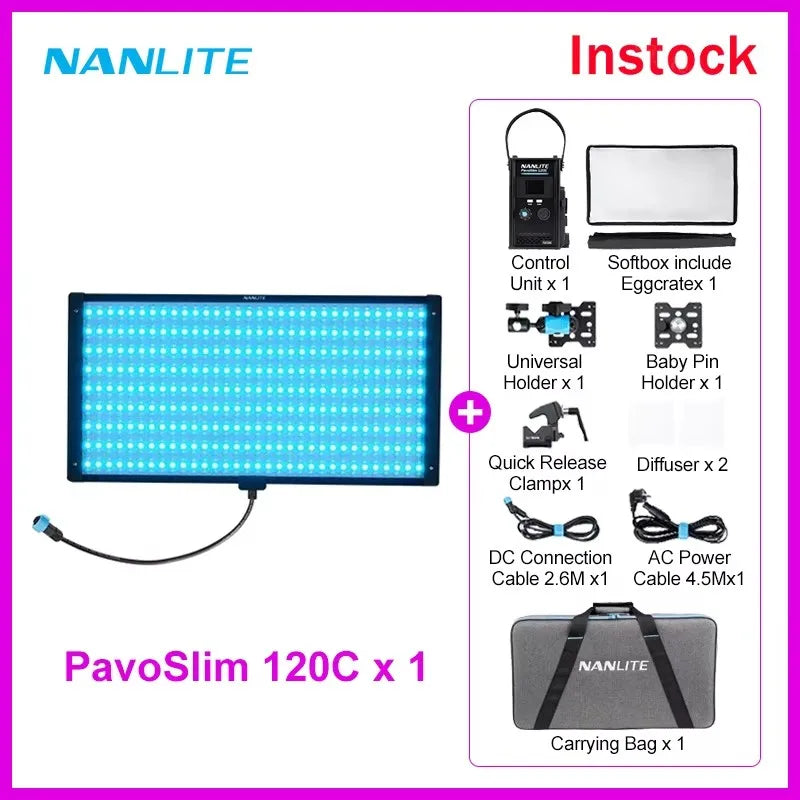 PavoSlim 120C LED panel light kit with control unit, softbox, diffusers, mounts, power cables, and carrying bag.