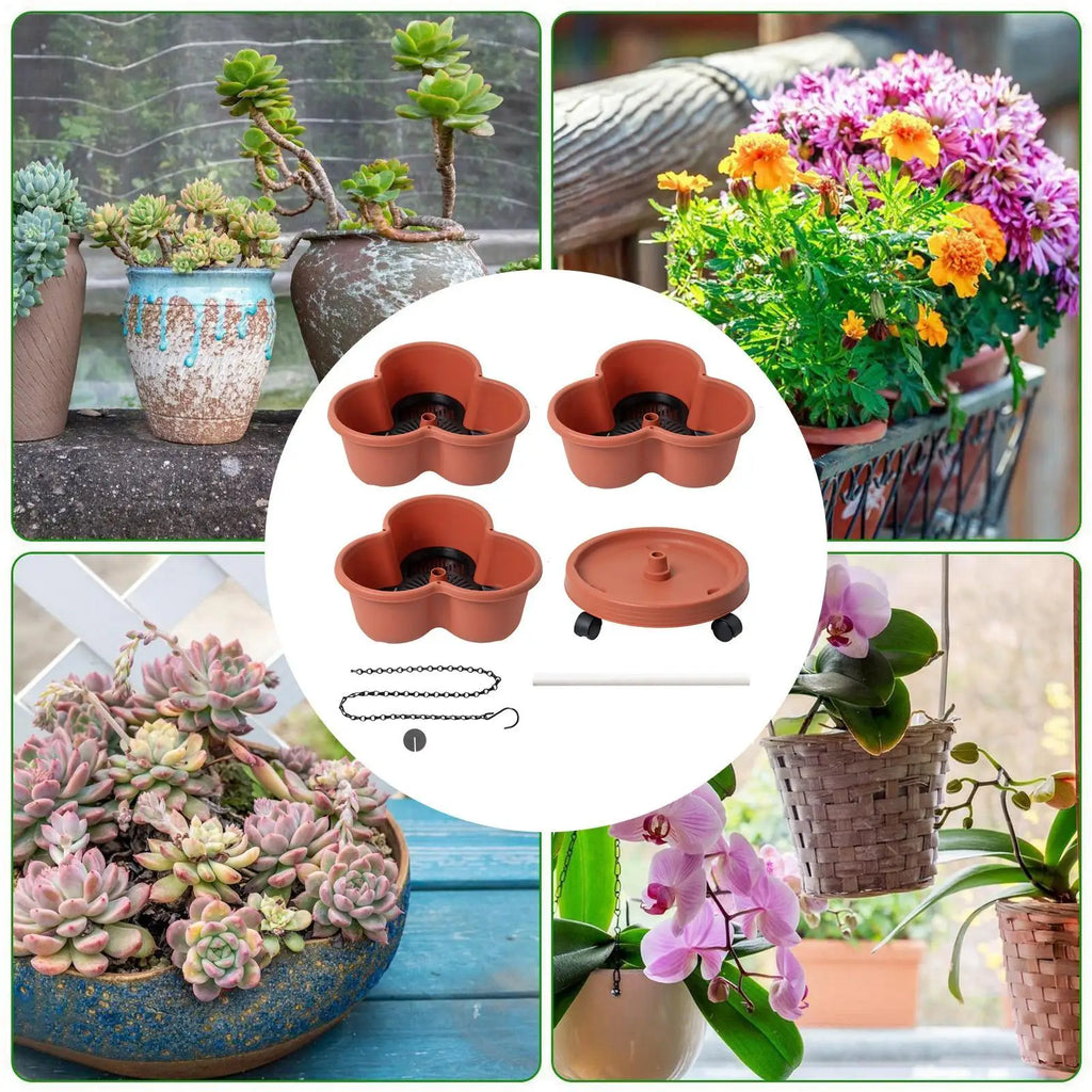 Stackable vertical garden planter pots set with wheels, terracotta-orange color