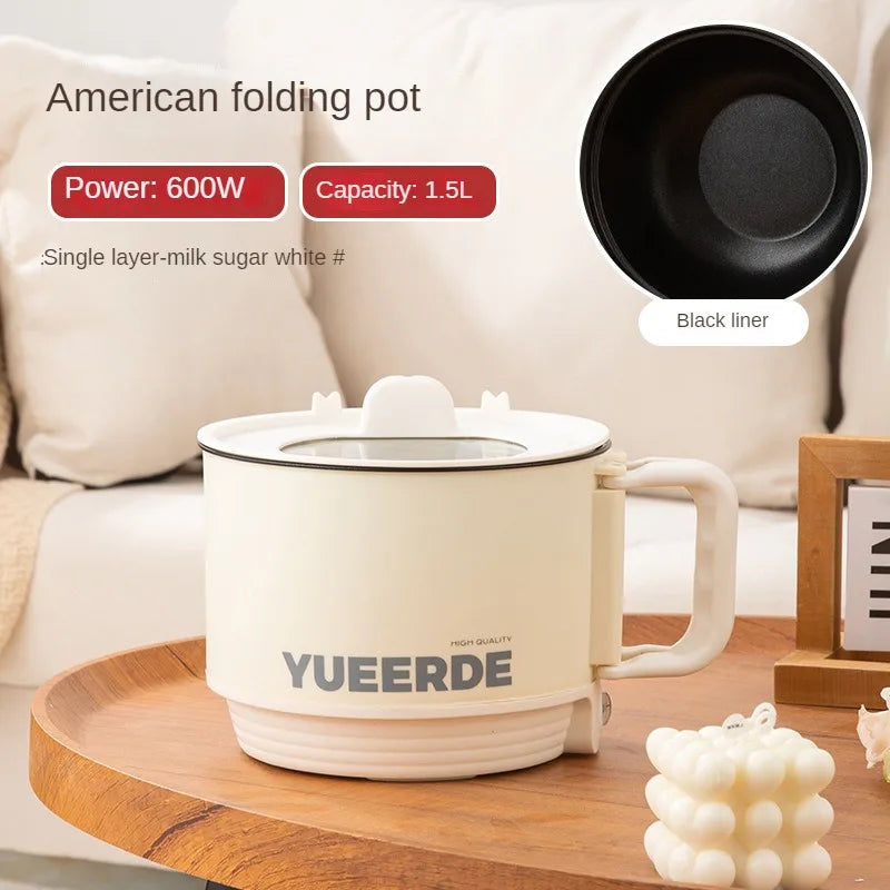 White mini folding hot pot with black lid liner and YUEERDE label, 1.5L