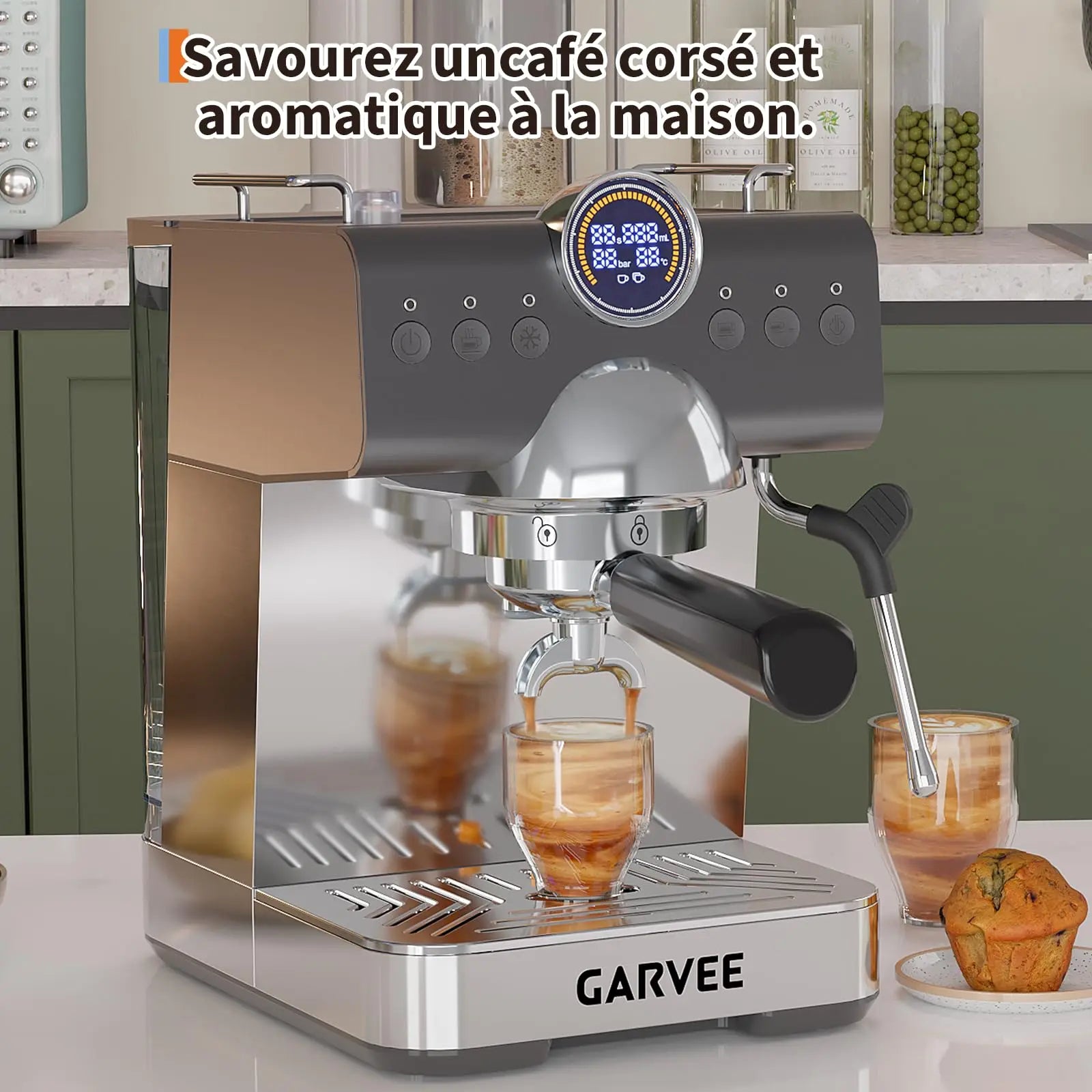 GARVEE stainless steel espresso machine with digital display, milk frother, and portafilter brewing fresh coffee.