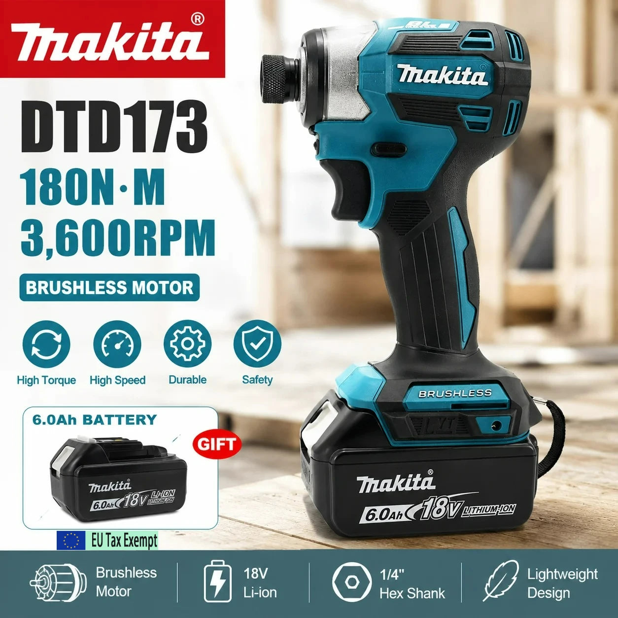 Makita DTD173 18V LXT Cordless Impact Driver Brushless Electric Drill Screwdriver Wood/Bolt T1/T2-Mode Twin LED Light 180 N·m+Makita DTD173 18V Cordless Impact Driver LXT BL Brushless Motor Electric Drill Wood/Bolt/T-Mode 18