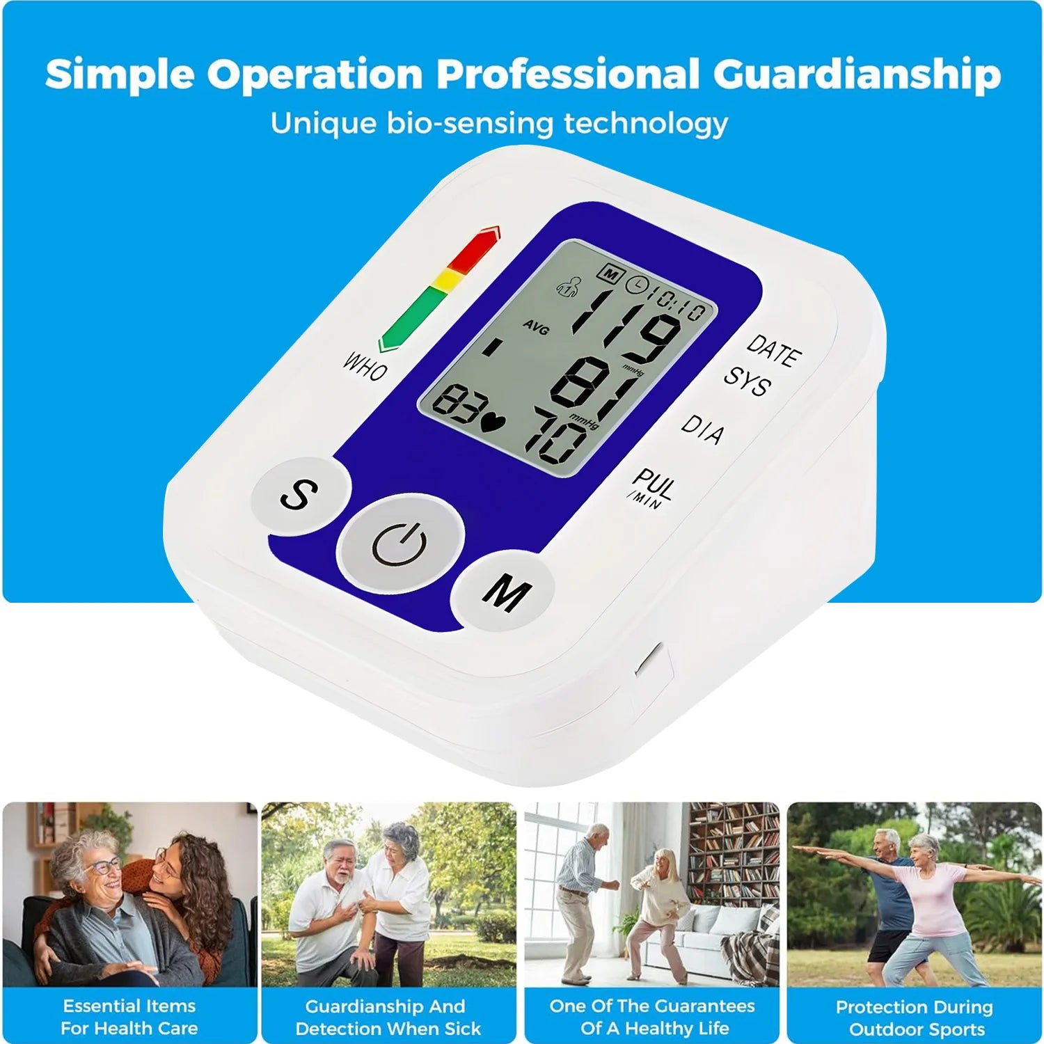 Portable Arm Blood Pressure Monitor BP Automatic Professional Medical Tonometer Digital Tensiometer Heart Rate Monitor White