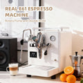 Cafovo white E61 espresso machine with chrome group head, dual boiler, rotary pump, and digital temperature display.