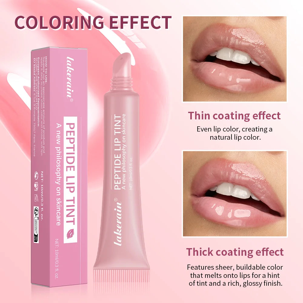 Lakerain peptide lip tint in nude with a high-shine, glossy, hydrating finish for plump, natural-looking lips.