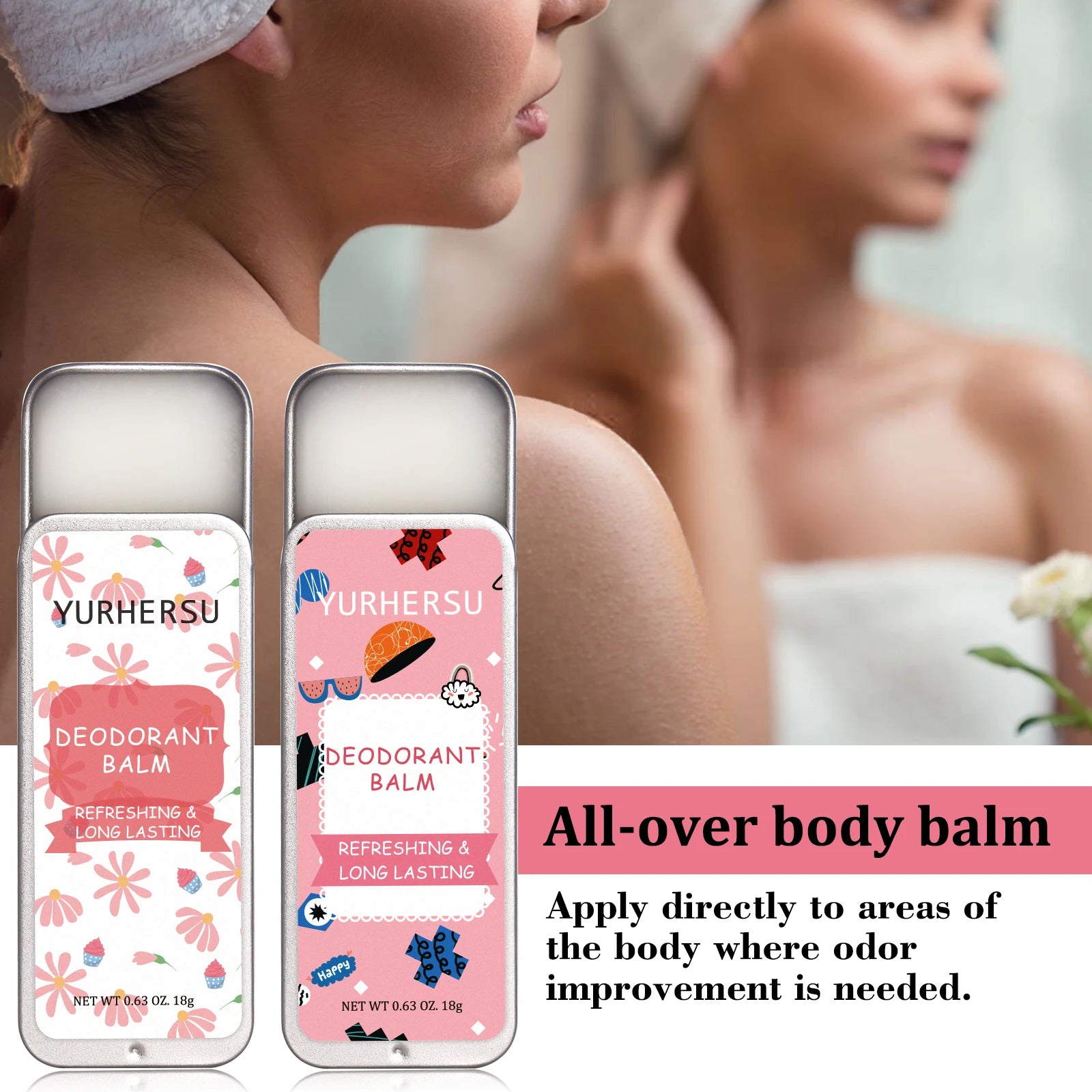 Two metal tins of refreshing, long-lasting deodorizing body balm with white, smooth texture in floral packaging.