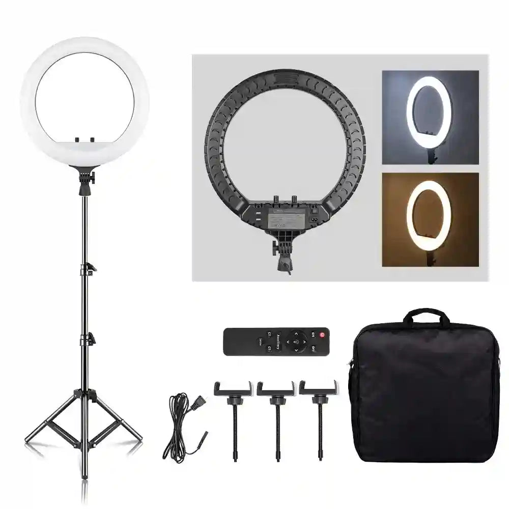 LED ring light with adjustable tripod stand, remote, phone mounts, and carrying case for photography and video.