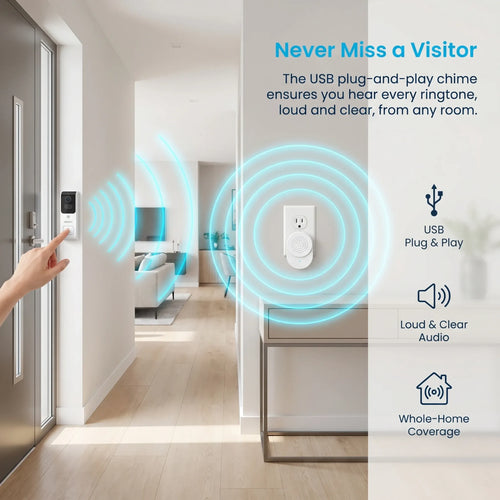 WiFi doorbell camera and indoor USB plug-in chime with wireless sound alerts