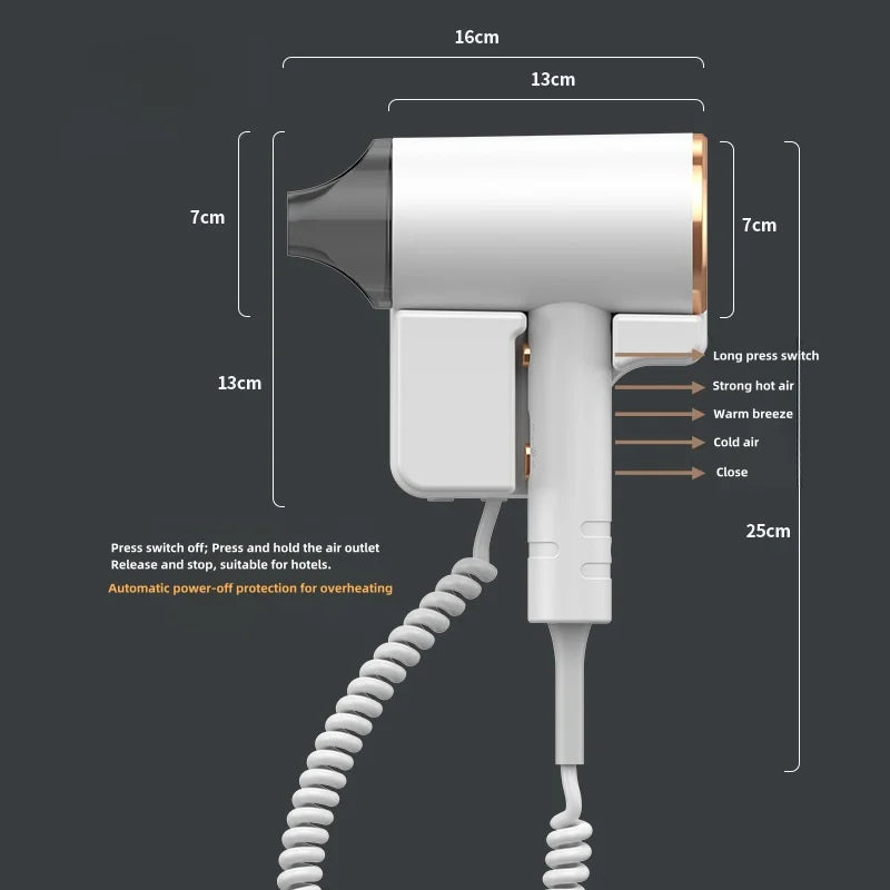 Wall-mounted 1600W hotel hair dryer in white and gold with concentrator nozzle and safety overheat protection.