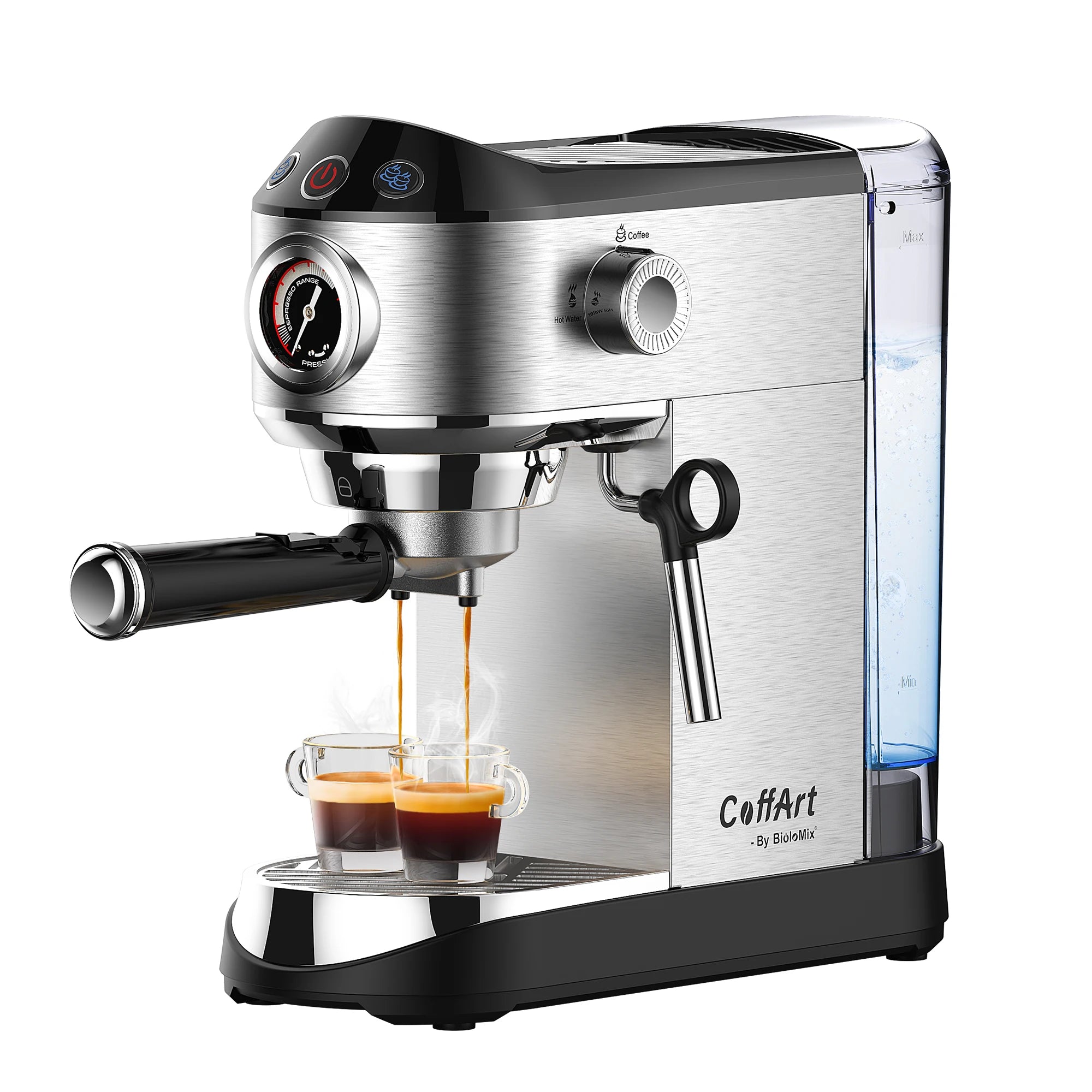 BioloMix CoffArt stainless steel espresso machine with pressure gauge, steam wand, and side water tank brewing coffee.