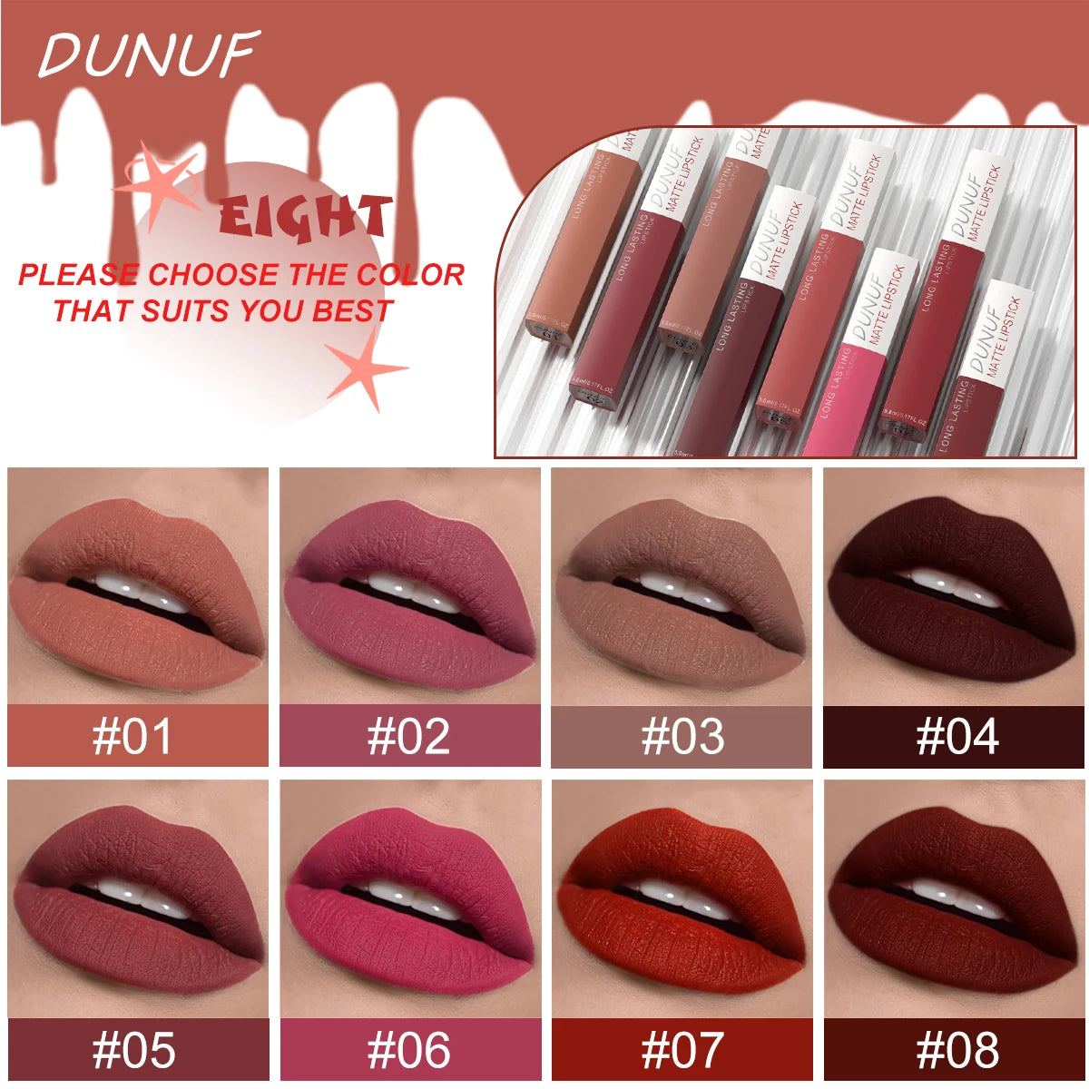 8-piece matte liquid lipstick set featuring waterproof, long-lasting nude, red, and mauve shades for full lip coverage.