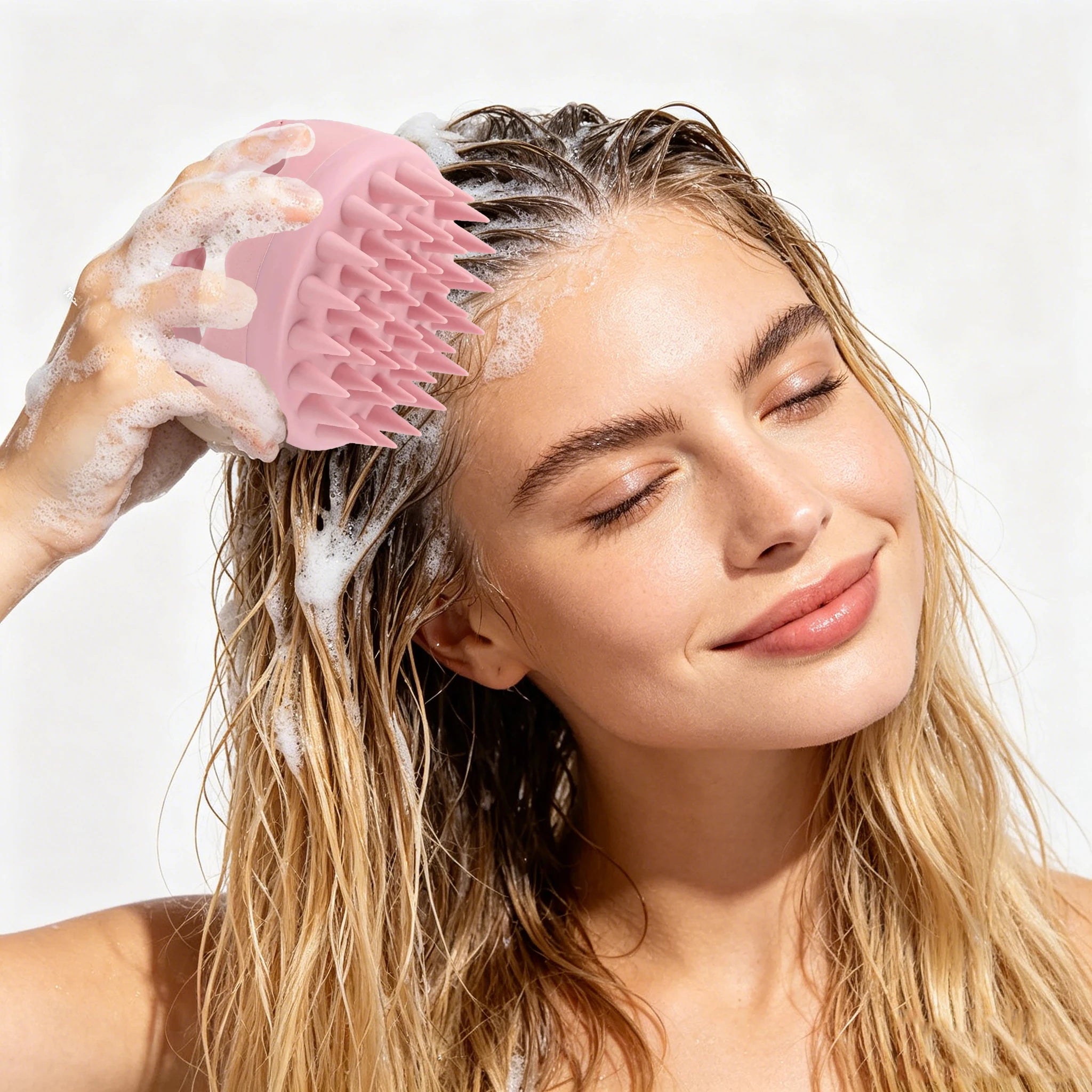 A woman using a round, pink silicone scalp massager brush with flexible bristles on her sudsy, wet hair.