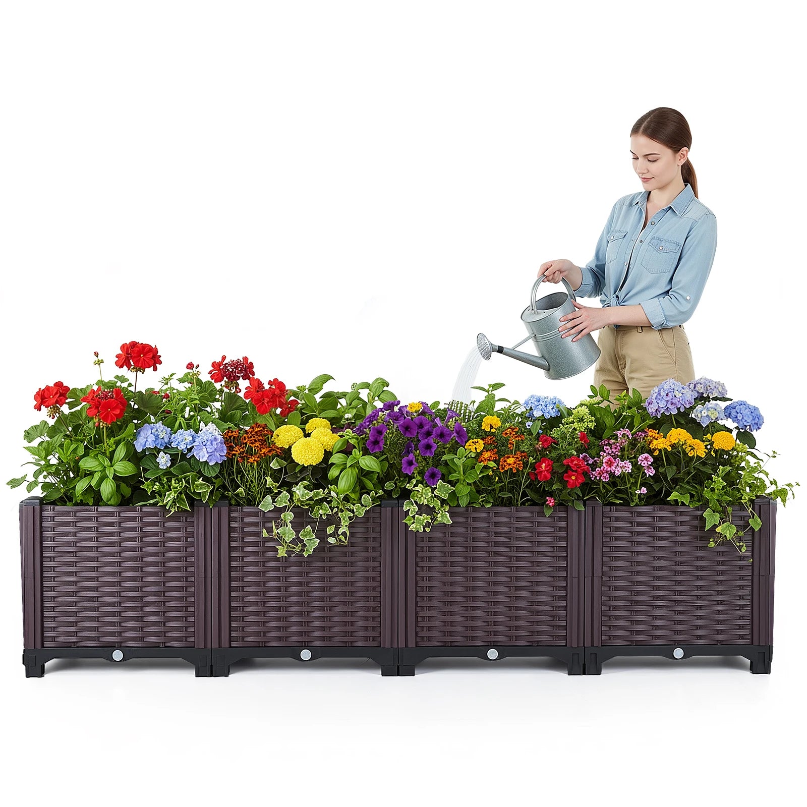 Large oval raised garden bed planter box with open bottom, dark brown woven-style panels