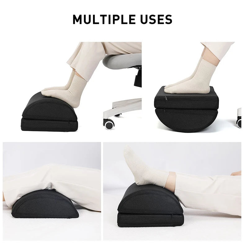 Adjustable black ergonomic under desk foot rest for office and gaming chairs shown in various comfortable positions.
