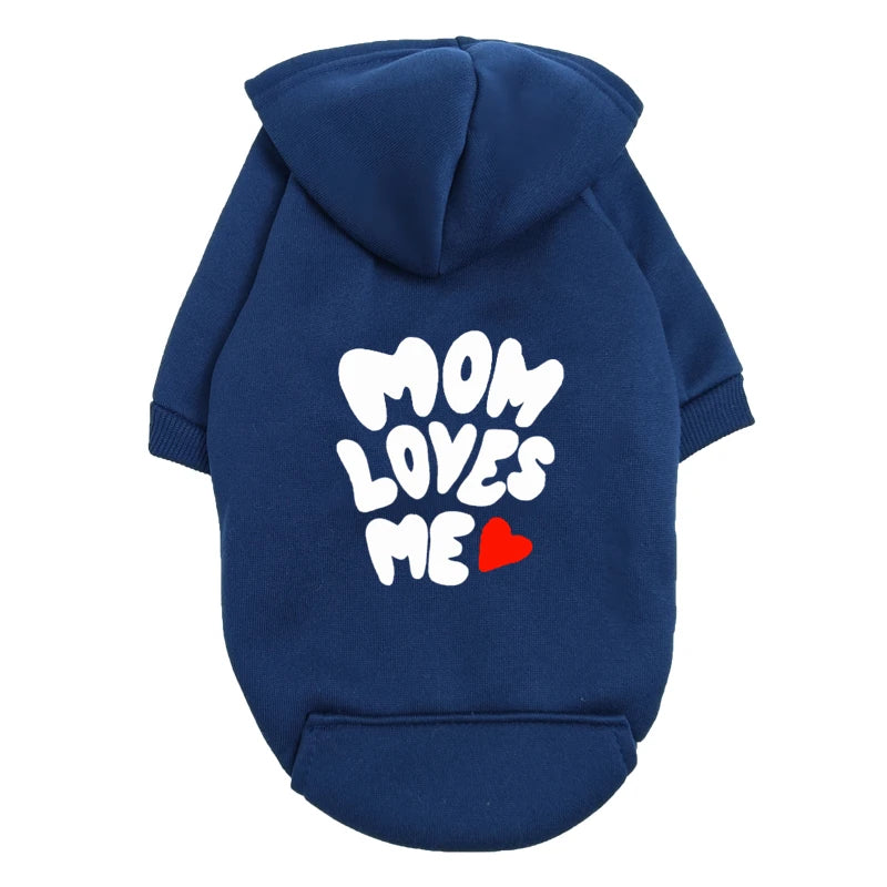 Blue "Mom Loves Me" dog hoodie with heart, warm cozy sweater for small dogs and puppies, perfect gift for pet lovers.