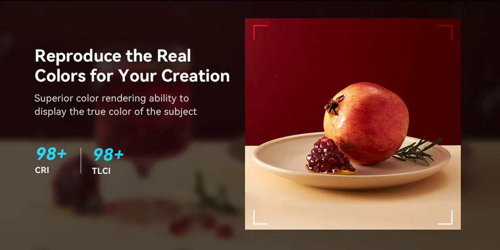 A pomegranate and segment on a beige plate against a deep red background, highlighting accurate color rendering.