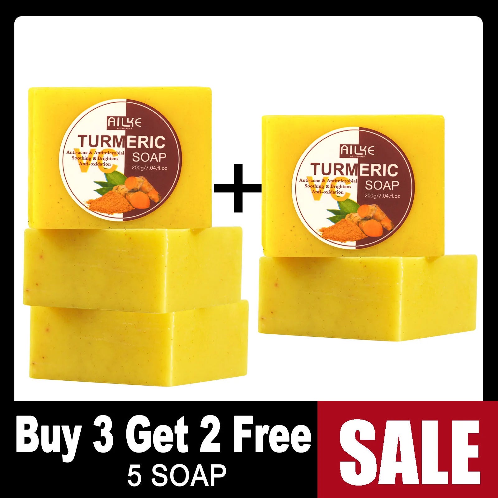 Turmeric soap bars deal showing five stacked yellow soap pieces with labels