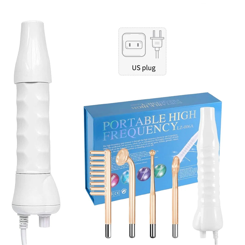 High-frequency facial wand with white handle, four glass electrodes, US plug, and blue product packaging box.