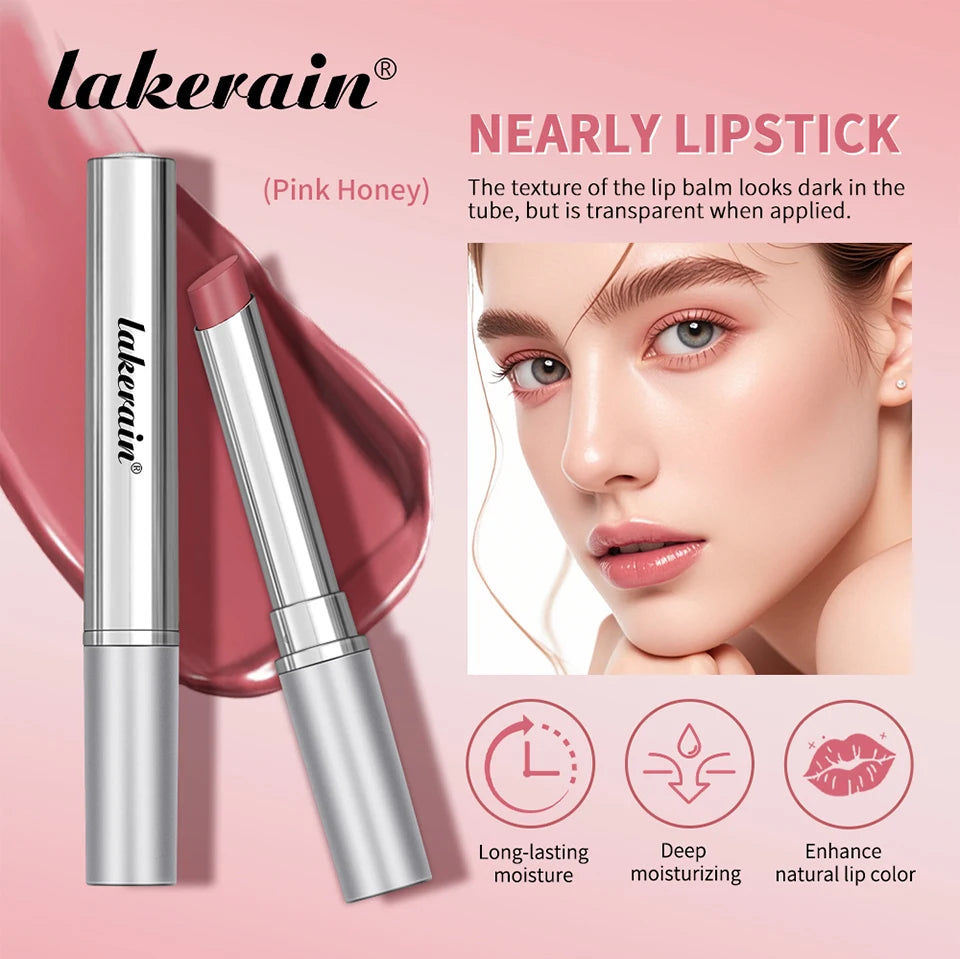Lakerain Pink Honey nourishing tinted lip balm in a silver tube, featuring a moisturizing, long-lasting sheer finish.