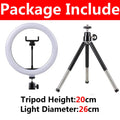 26cm circular ring light with phone mount and 20cm adjustable metal tripod stand for photography and video recording.