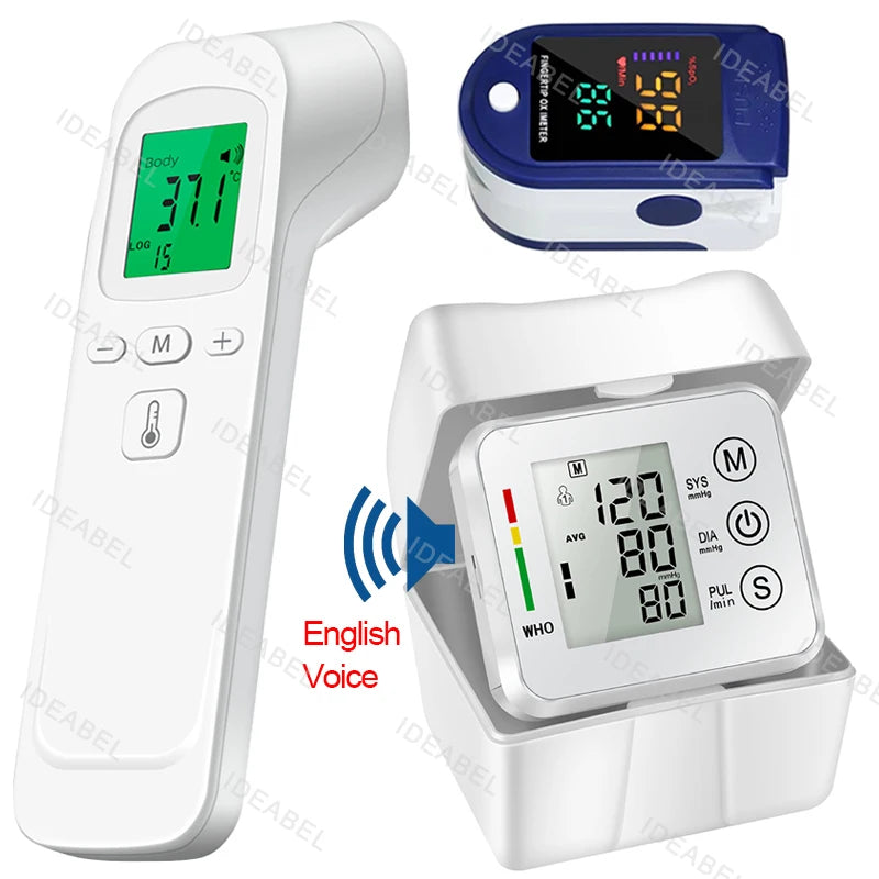 Wrist Blood Pressure Monitor LED English Voice Broadcast Tonometer BP Monitor Non Contact Infrared Medical Thermometer