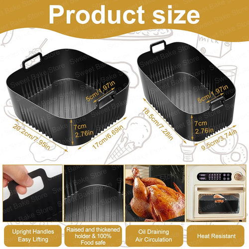Two black silicone air fryer liners with size markings and loop handles