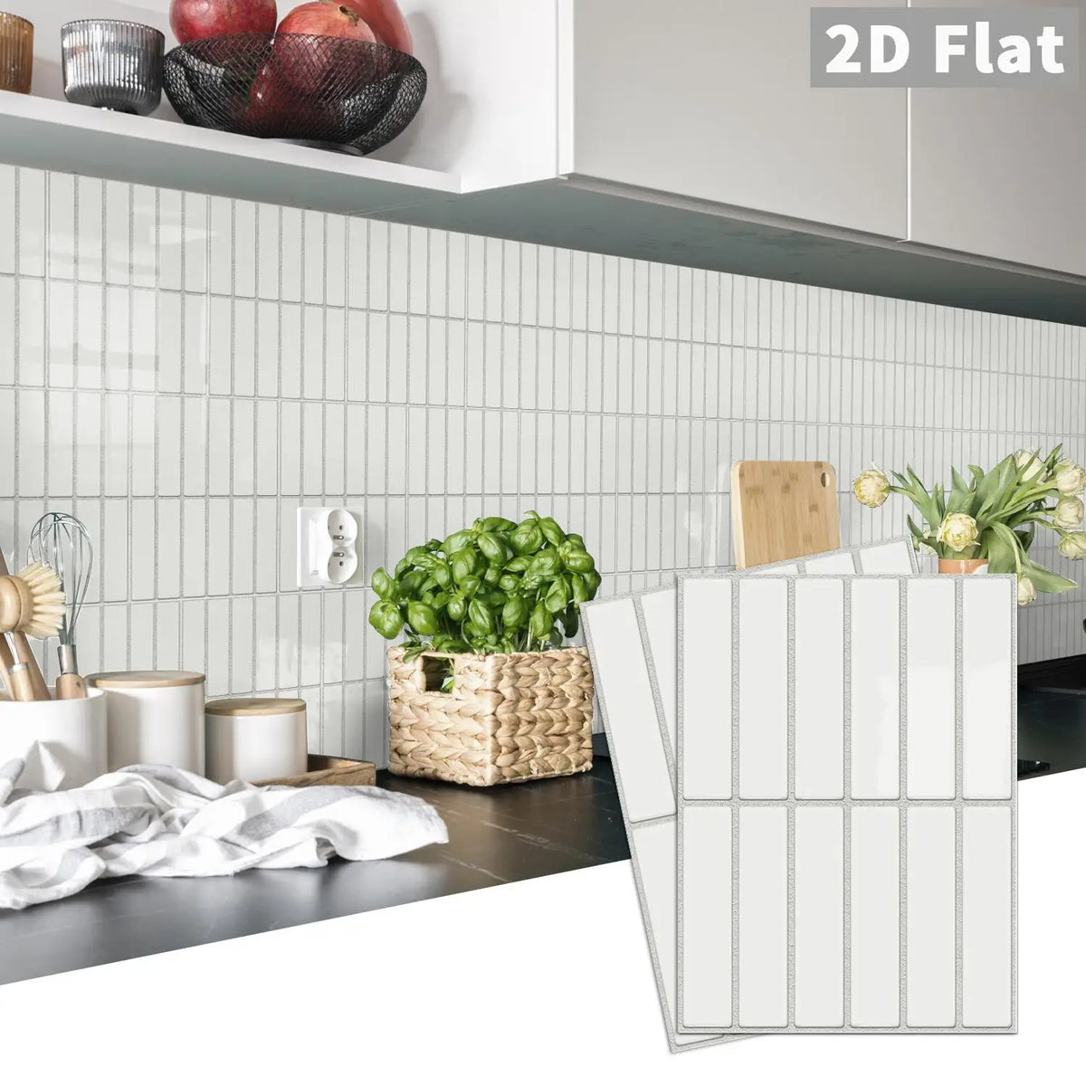 Peel-and-stick tile decals, white subway-style square tiles with thin vertical grout lines
