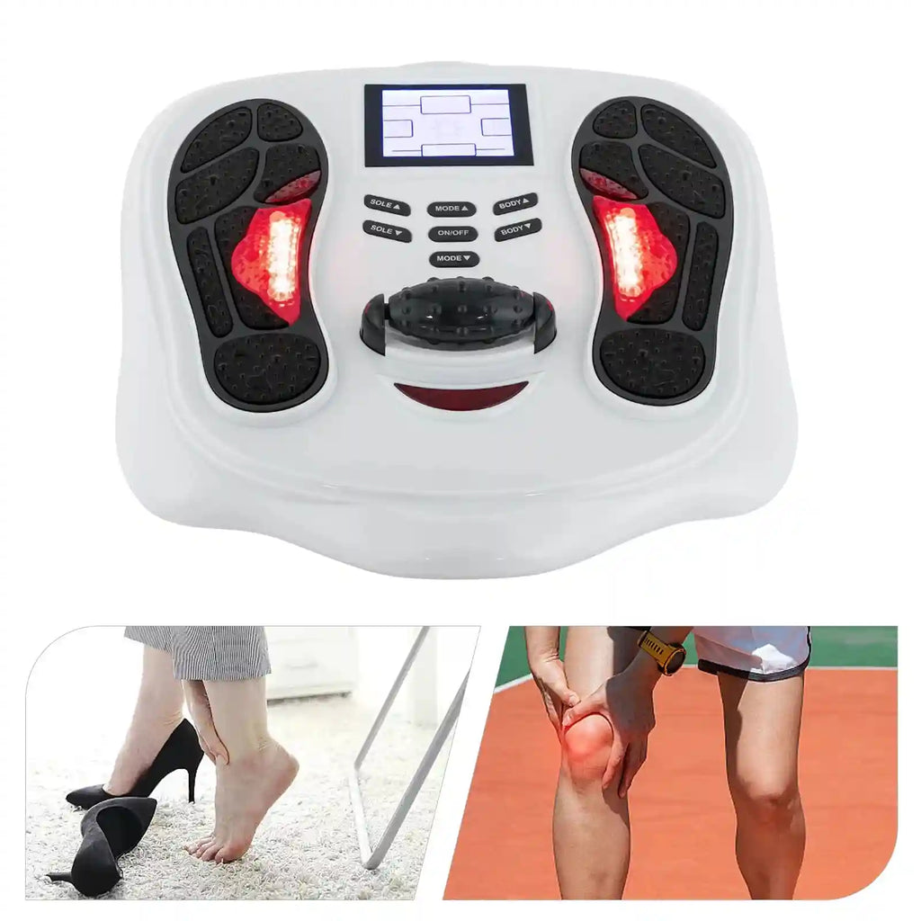 Electric foot massager and blood circulation simulator with digital screen, heat function, and remote control settings.