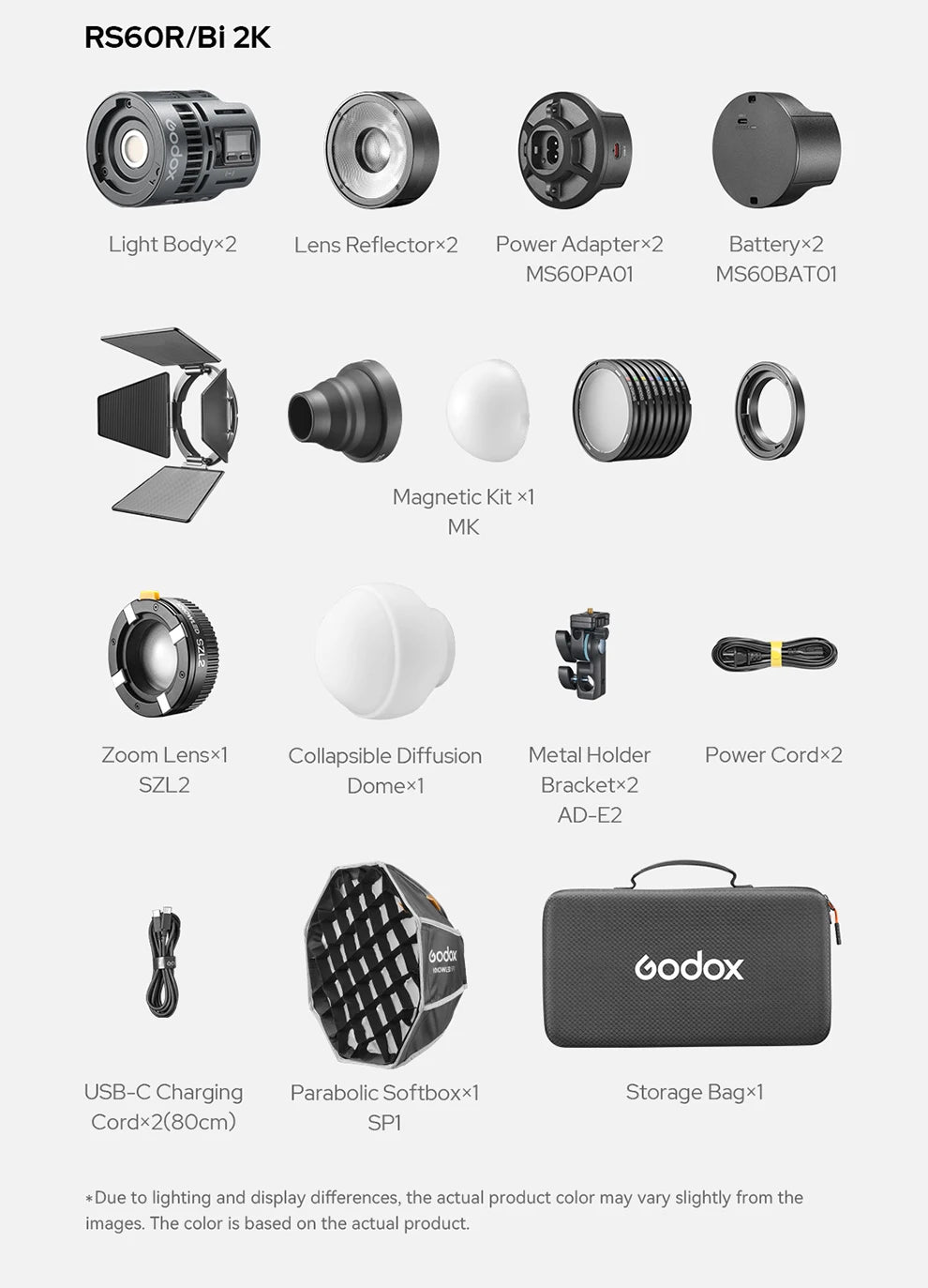 RS60R/Bi 2K portable studio lighting kit including two lights, batteries, reflectors, modifiers, and a storage bag.